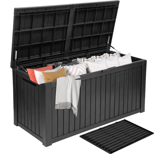 DWVO 220 Gallon Extra-Large Patio Deck Box, Waterproof Resin Outdoor Storage Box with Removable Divider for Patio, Garden, Pool, Furniture and Tools, Black