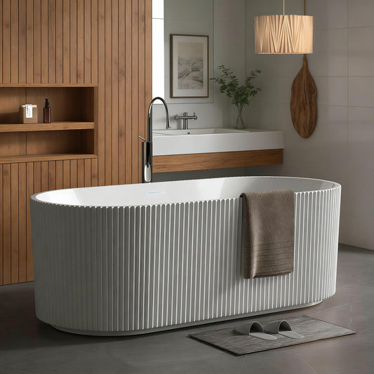 59" Free Standing Tub, Acrylic Soaking Bathtub, Stand Alone Freestanding Tub with Matte Sliver Drain and Overflow, Contemporary Bathtub for Bathroom, Pleated Gloss White