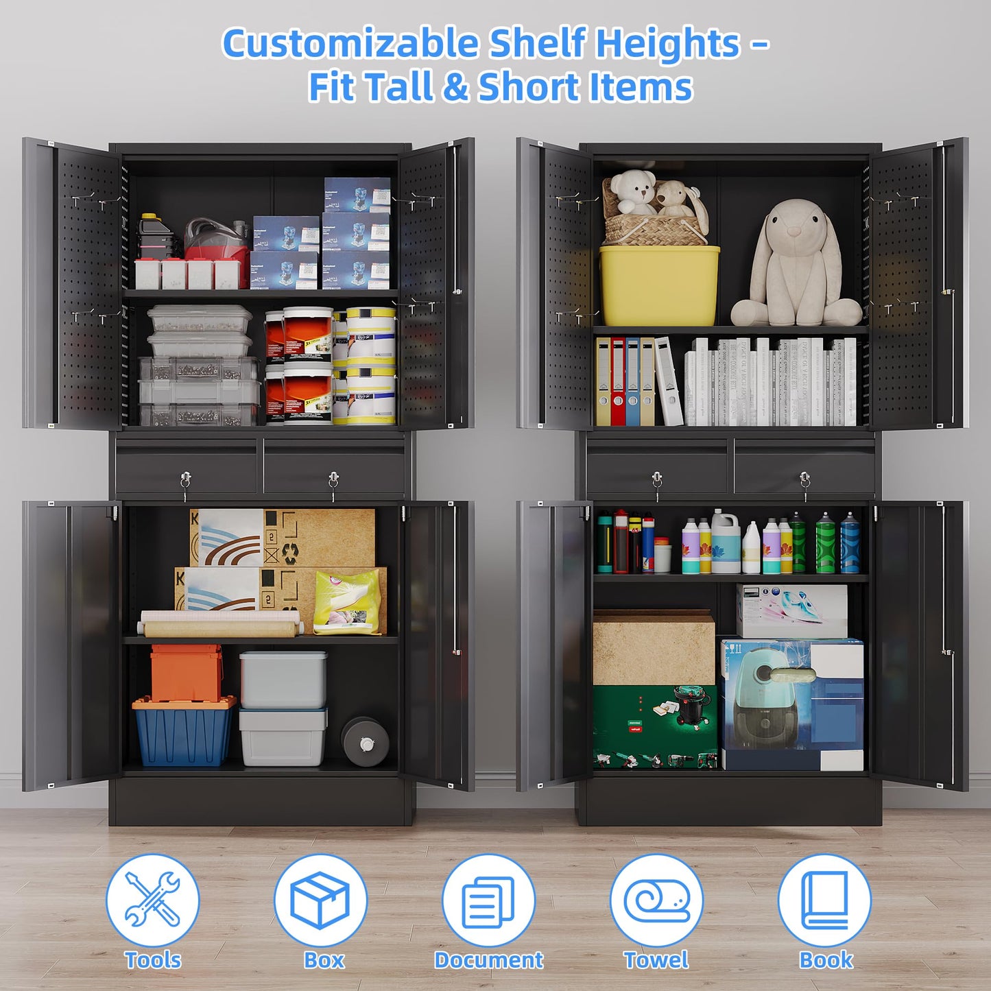 GLADIW Garage Storage Cabinet with Wheels, Metal Storage Cabinet with 2 Drawers and 2 Adjustable Shelves, Metal Lockers with Pegboards for Homes, Offices, Kitchens, Schools and Pantries