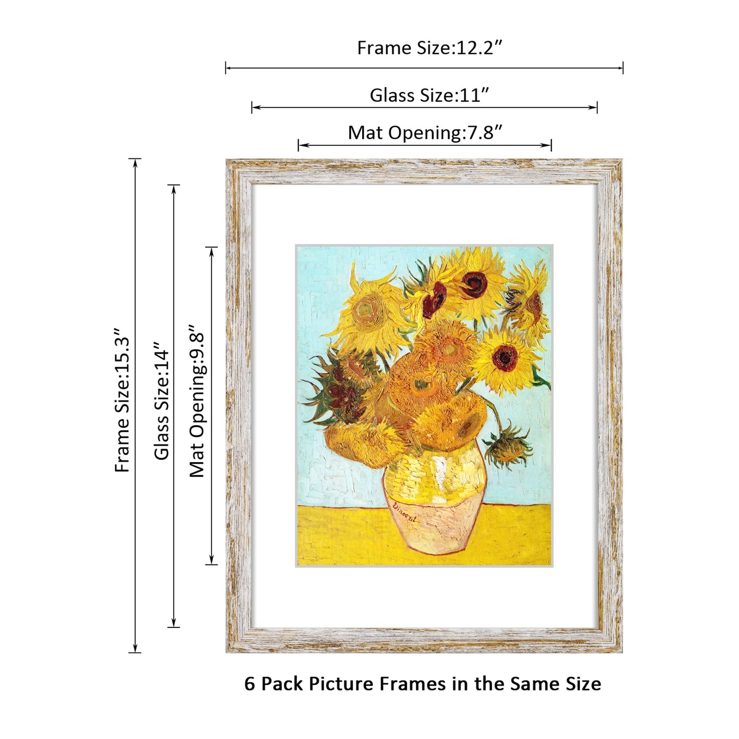 DEKWINN Rustic Distressed Retro Style White Frame 11x14 Picture Frame Set of 6 with Real Glass for Pictures 8x10 with Mat or 11x14 Without Mat, Wall Gallery or Tabletop display