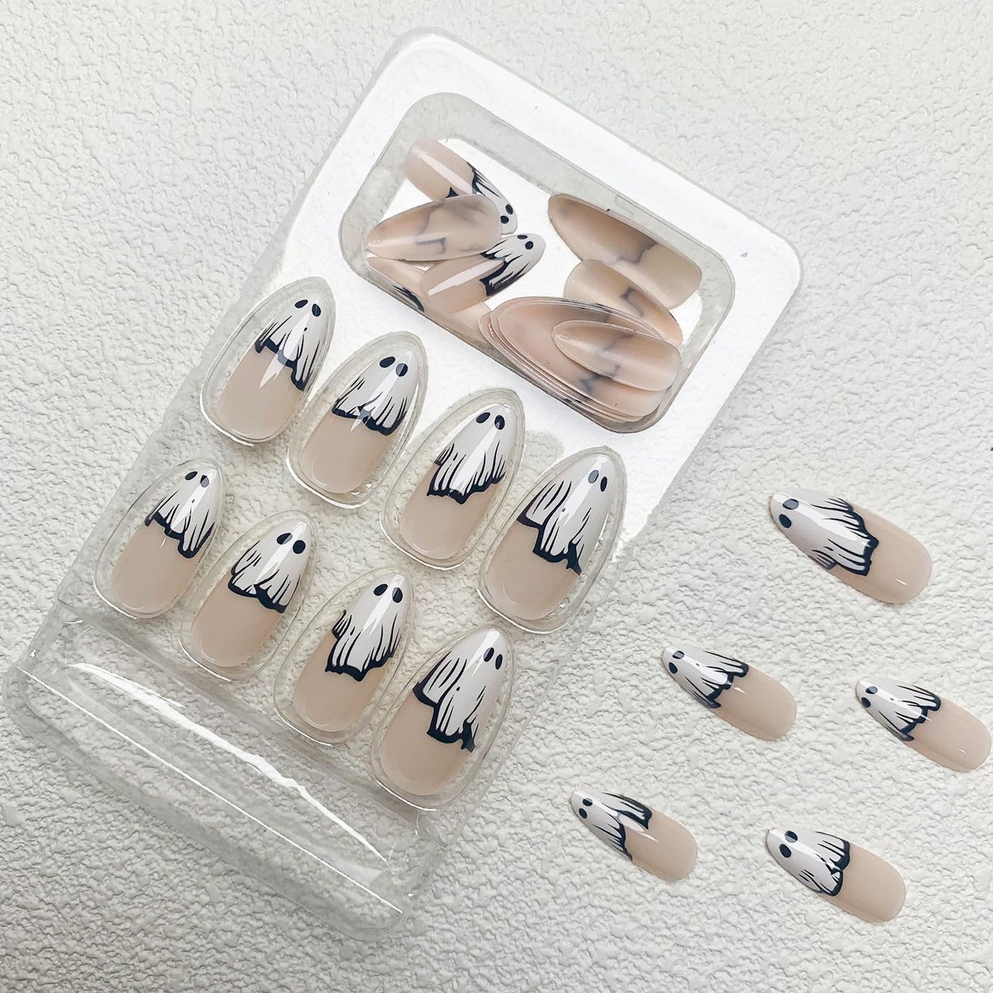 Halloween Press on Nails Ghost French Tips Fake Nails Almond False Nails with Designs White Cute Ghost Acrylic Nails Glossy Glue on Nails Full Cover Stick on Nails for Women Girls 24Pcs