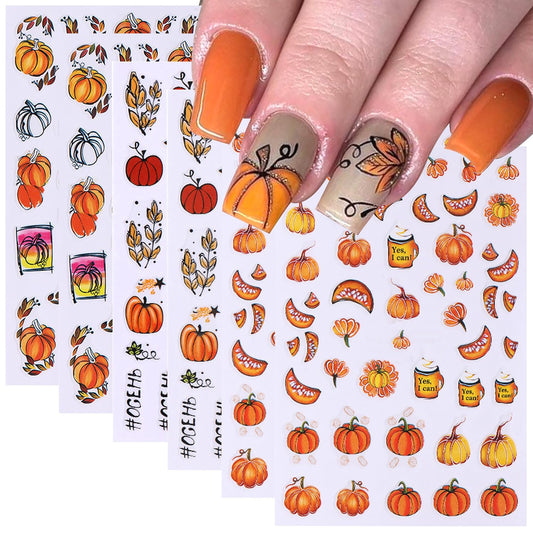 6 Sheets Fall Nail Stickers for Nail Art Pumpkin Maple Leaf Nail Decals 3D Self-Adhesive Thanksgiving Flower Leaves Design Nail Stickers Holiday Nail Art Supplies for Women Autumn Nail Art Decoration