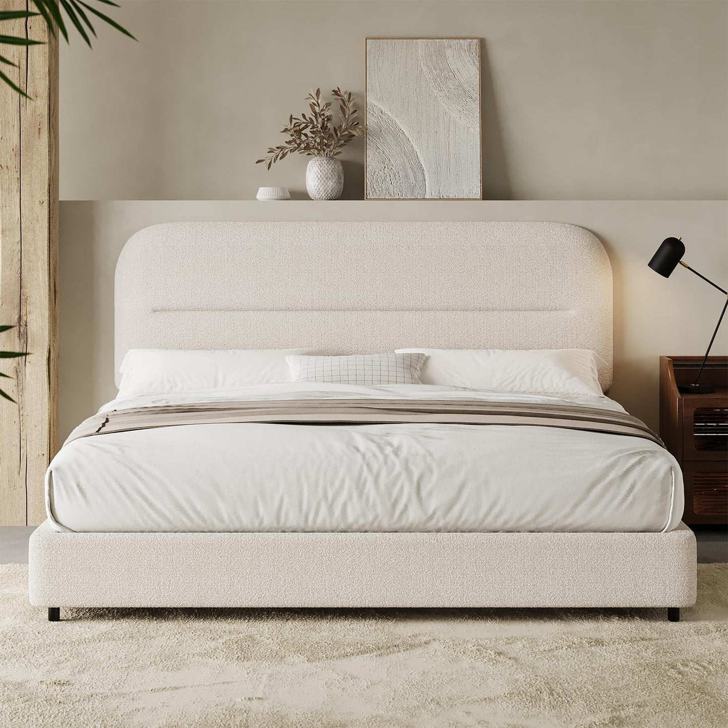 HOMBCK Queen Bed Frame with Headboard, Boucle Upholstered Soft Platform Bed Frame with Thickened Footboard, Rounded Corners Design, No Box Spring Required, Easy Assembly, Cream