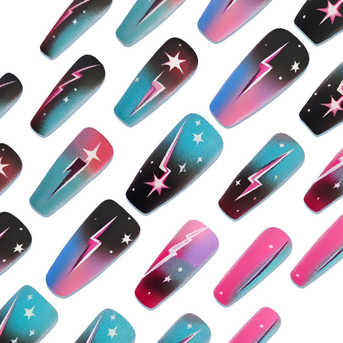 MERVF Coffin Press on Nails Long Fake Nails Colorful Starry Sky Glue on Nails Flash Design Gradient Ballerina Acrylic Ombre False Nail Matte 24pcs