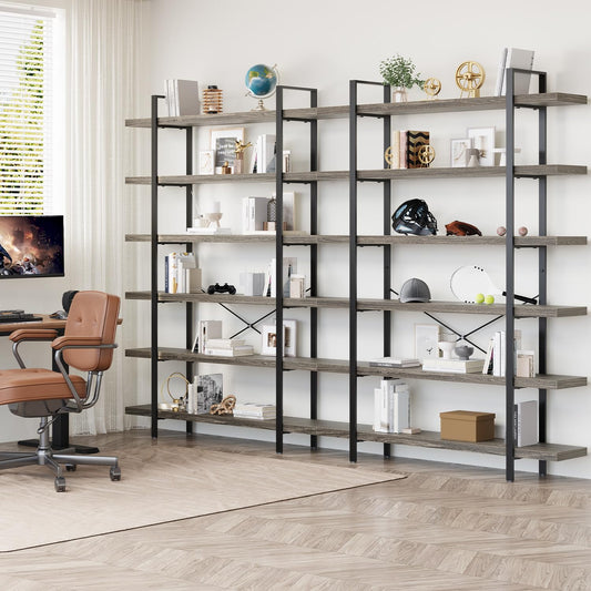 6 Tier Book Shelf, 47'' Wide Wood Industrial Bookshelf, 120lbs Shelf Capacity, Open Storage Shelves, 80'' Tall Heavy Duty Display Shelving, Rustic Grey Bookcase for Bedroom,Living Room,Office - 2Pcs