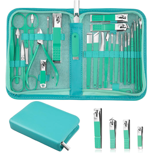 MINKINH Travel Manicure Set 26-Piece, Portable Nail Clippers Kit with PU Case, Carbon Steel Clippers, 410 Stainless Steel Grooming Tools, Hand Foot Facial Care for Luggage Backpack（Green）