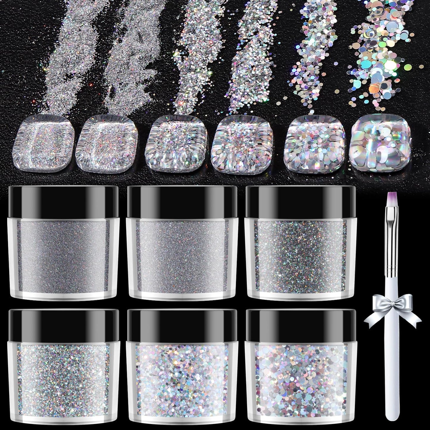 Furtherpretty Laser Silver Nail Glitter Powder Set, Mixed-Size Holographic Nail Glitter Dust, Sparkling Sequins & Flakes for Nail Art Decoration, Manicure Salon Supplies, Silver Glitter for Crafts