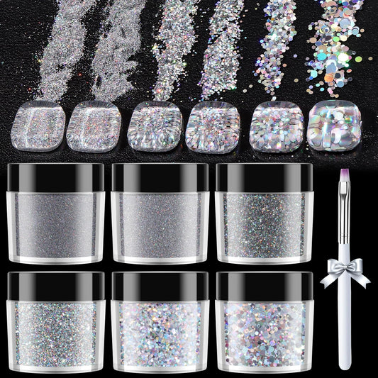 Furtherpretty Laser Silver Nail Glitter Powder Set, Mixed-Size Holographic Nail Glitter Dust, Sparkling Sequins & Flakes for Nail Art Decoration, Manicure Salon Supplies, Silver Glitter for Crafts