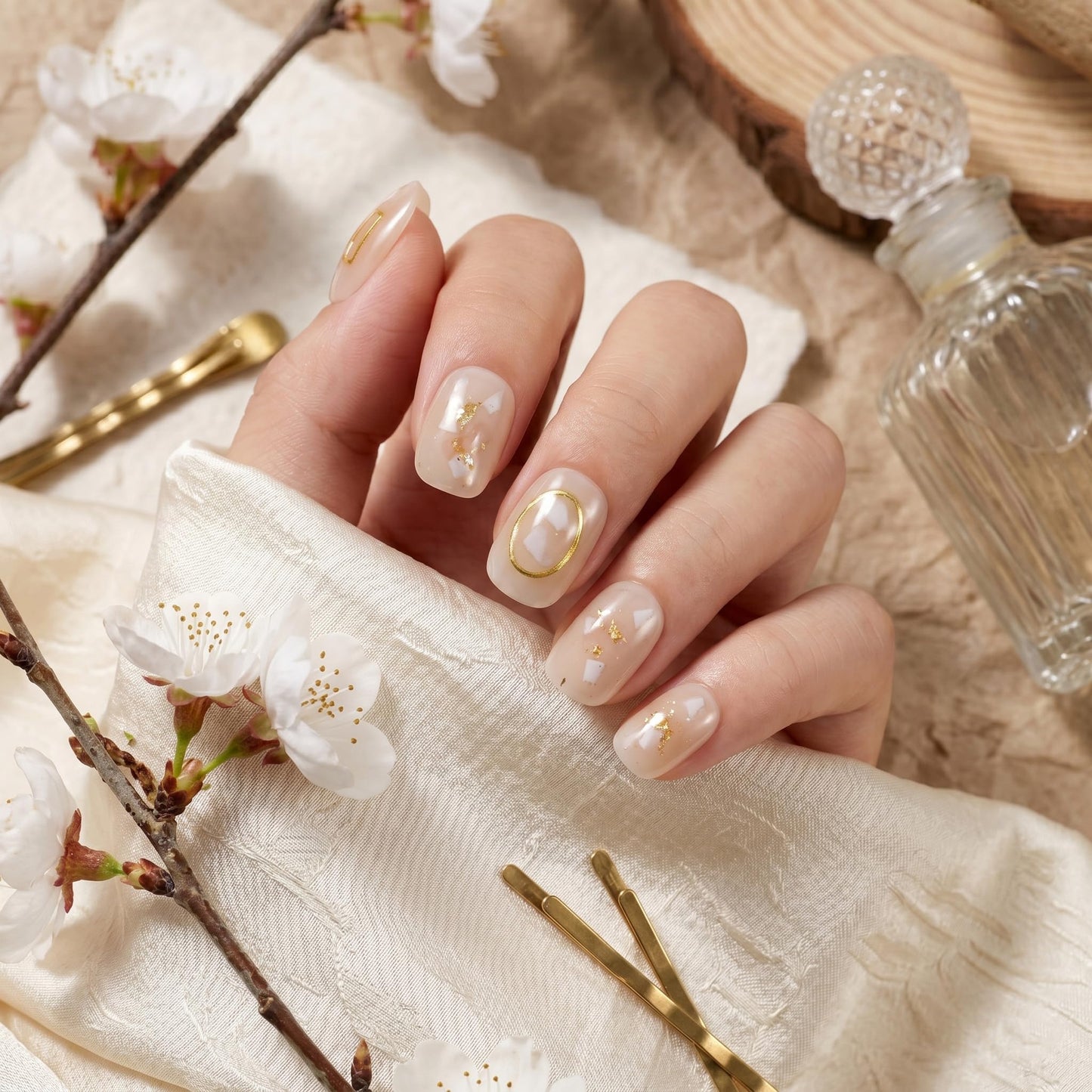Sun&Beam Nails Handmade Short Round Gold False Nail Tips with Cute 3D Shell Popular Charm Design Press On Nails 10 Pcs (#039 S)