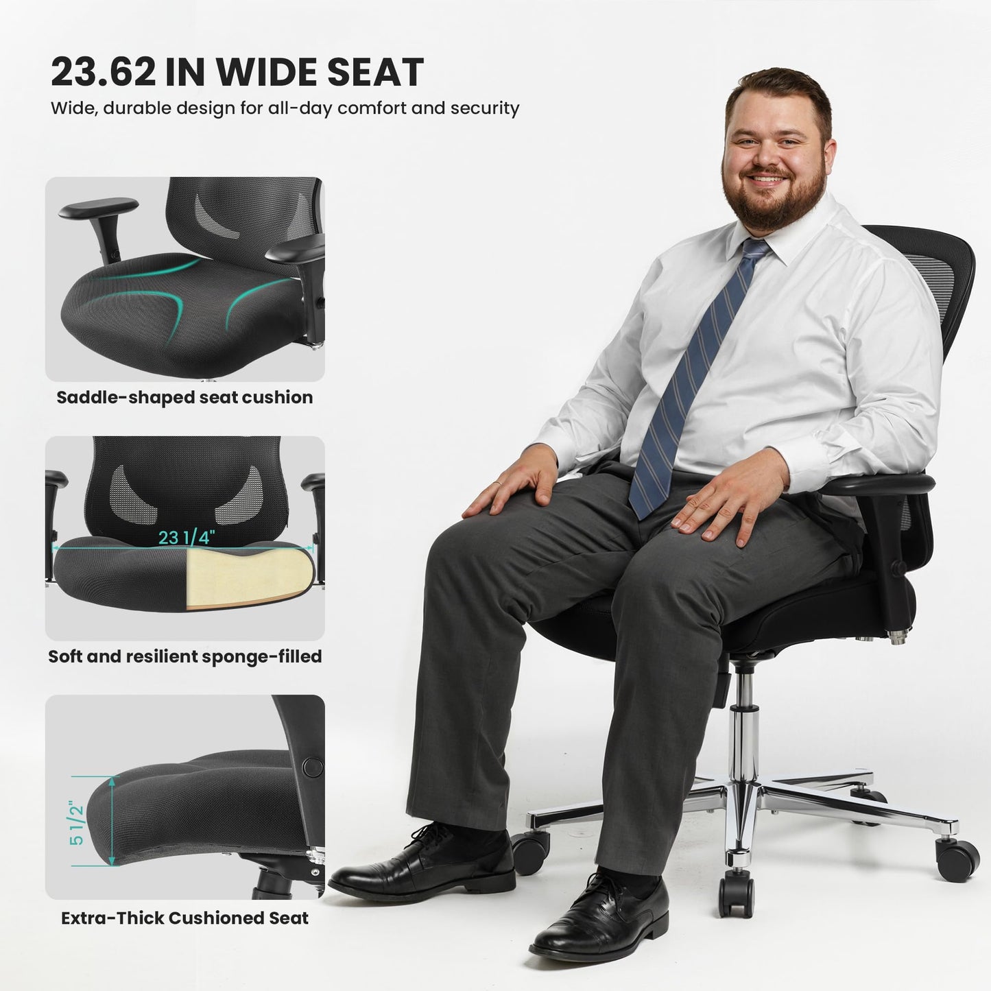 EUREKA ERGONOMIC Big and Tall Office Chair for Heavy People, Hoss 500lbs Heavy Duty Office Chair Mesh Ergonomic Desk Chair with Armrest, Rolling Chair with Wide Comfy Seat for Adult, Black