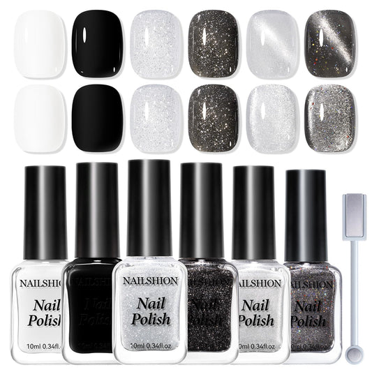 Nailshion Nail Polish Set 6 Colors Black White Silver Gray Sparkle Cat Eye Glitter Shimmer Nail Polish Kit with Magnet, Quick Air Dry Non Gel, Nail Art DIY Home Travel Manicure Gift for Women Girls