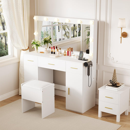 IDEALHOUSE Makeup Vanity Desk with Mirror and Lights, Modern White Vanity Table with Drawers, Charging Station & Storage Stool, Wood Make Up Vanity Set for Bedroom Apartment