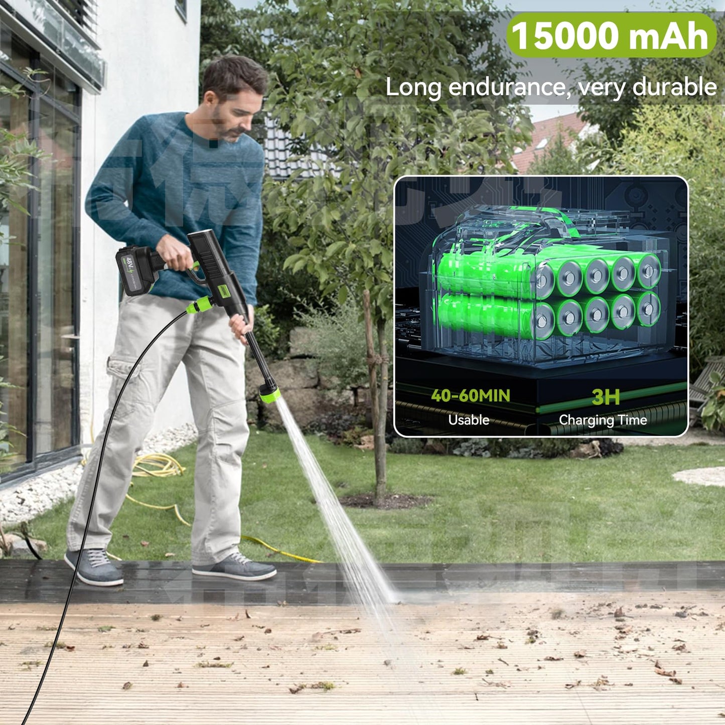 990PSI Portable Cordless Pressure Washer, Battery Powered Power Washer with 6-in-1 Nozzle, 10 Adjustable Levels Portable Pressure Washer, 33FT Hose Handheld Car Washer for Patio, Floor, Garden