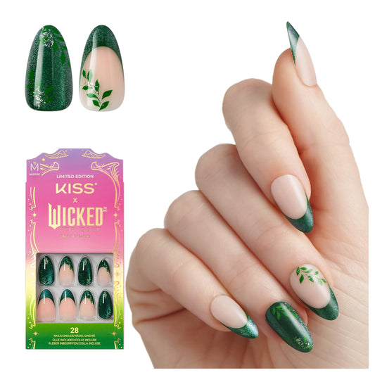 KISS X WICKED: FOR GOOD Press On Nails Almond, ‘Dreams Take Flight’, Green, Medium, Waterproof, Chip Proof, Smudge Proof, 28 Fake Nails, Pink Gel Nail Glue (2g), Mini Nail File, & Manicure Stick