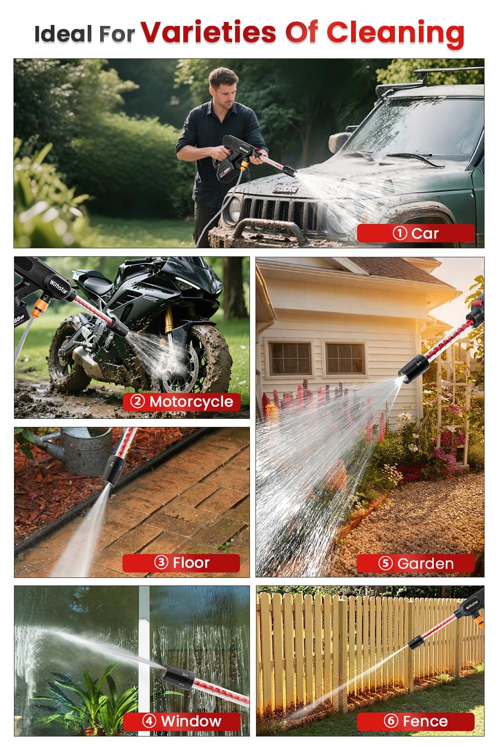 WITHSTAR Cordless Pressure Washers with 2 Rechargeable 3AH Battery, Multi-Function Nozzle, Portable Power Washer for Car/Floor/Patio Cleaning, Garden Watering(Black＆RED)