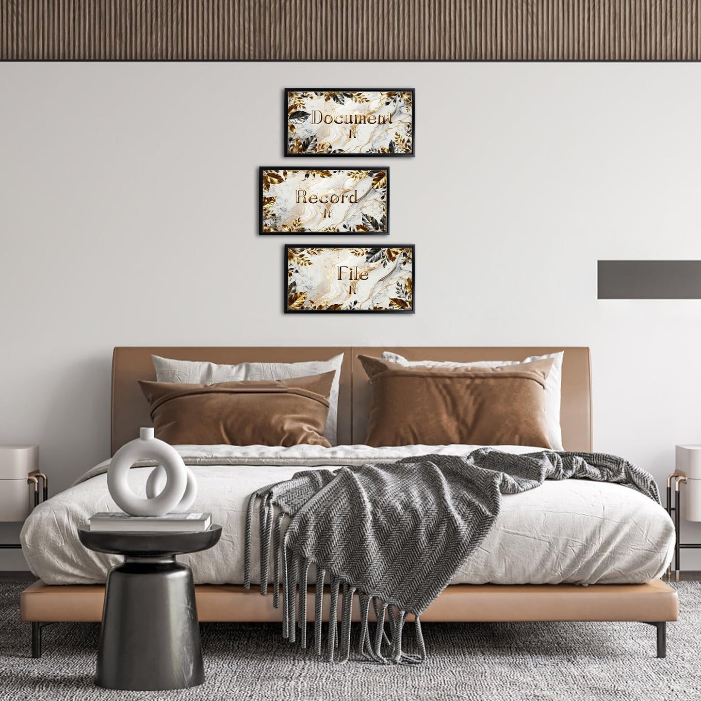 Visual Art Decor Office Decor Sign Canvas Wall Art Gold Grey Leaves Painting Black Frame Sayings Pictures Canvas Print 8"x16"x3Pcs, with Hooks Home Office Decoration for Woman and Man