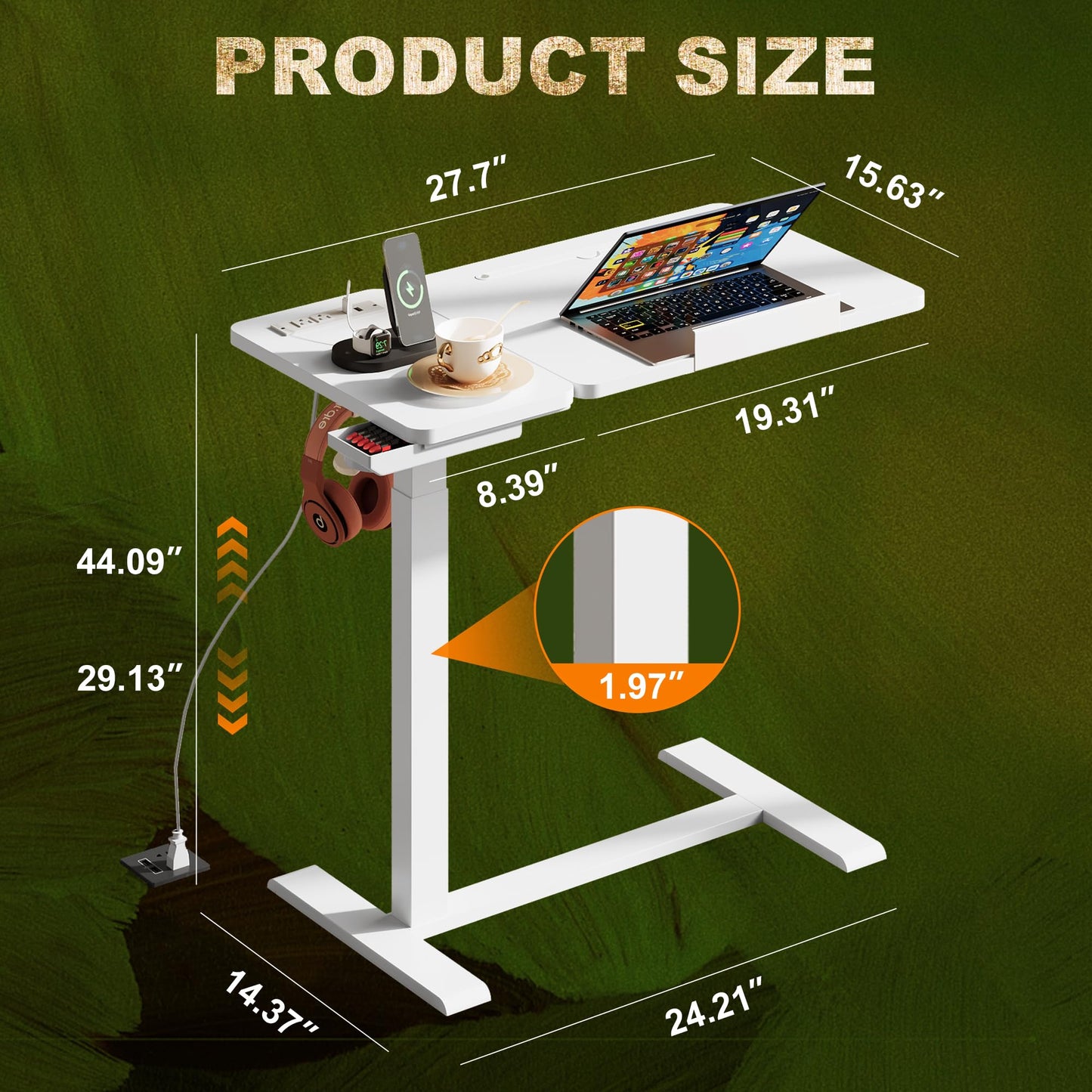 EKNKOZY Standing Desk, Medical Overbed Table with Rolling Tray and Power Outlet, Dual Pneumatic Angle and Height Adjustable Desk, Portable Side Table with Drawer, Home & Hospital Use, White