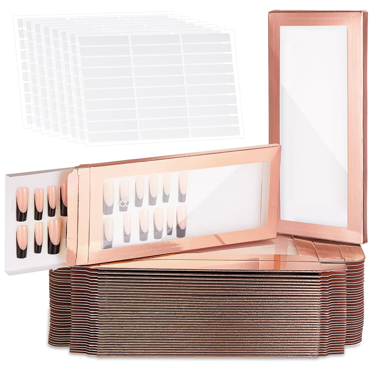 Yeaqee 100 Pieces Empty Nail Package Box with 100 Pcs White Background Papers Empty Nail Tip Box Packaging with 240 Pcs Adhesive Double Sided Tape Set for Press on Business Salon(X-Large)