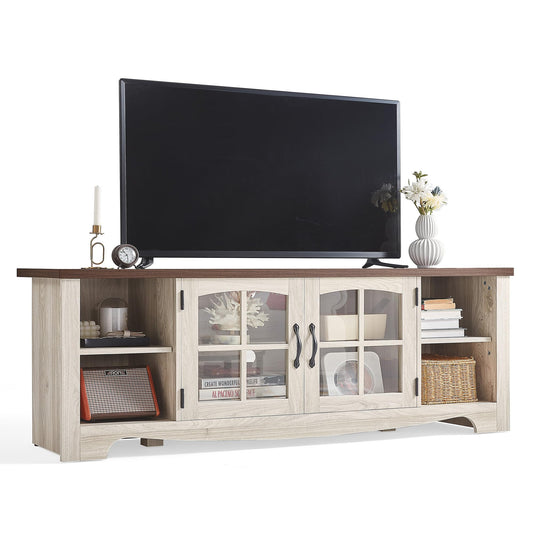 LINSY HOME TV Stand for 75 Inch TV, Modern Farmhouse Entertainment Center with Storage Cabinets and Glass Doors, Tall Media Console Table for Living Room, Bedroom, Large Long Television Stand, Beige