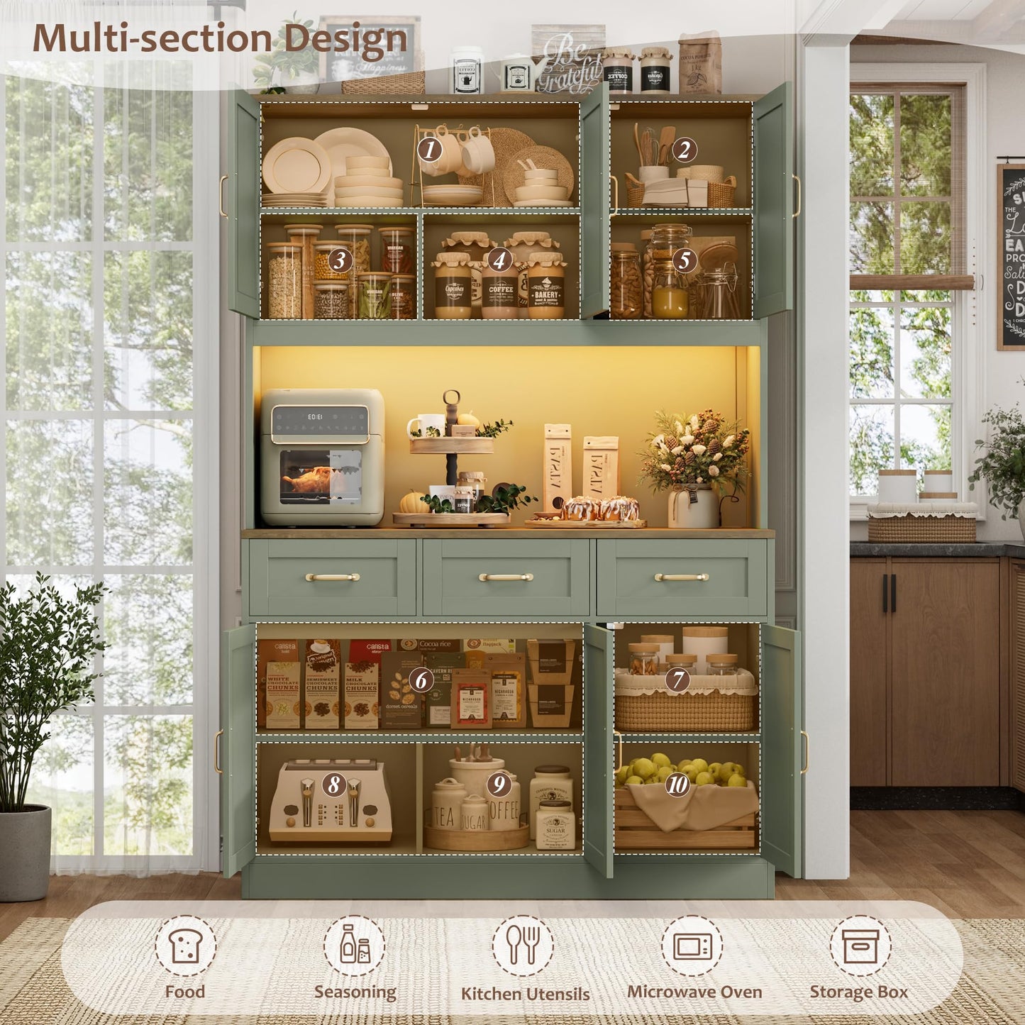 HOSTACK 72" Tall Kitchen Pantry Cabinet with Charing Station | LED Lights, 47" W Kitchen Pantry Storage Cabinet with Countertop, Modern Kitchens Hutch Cabinets with Storage for Dining Room, Green