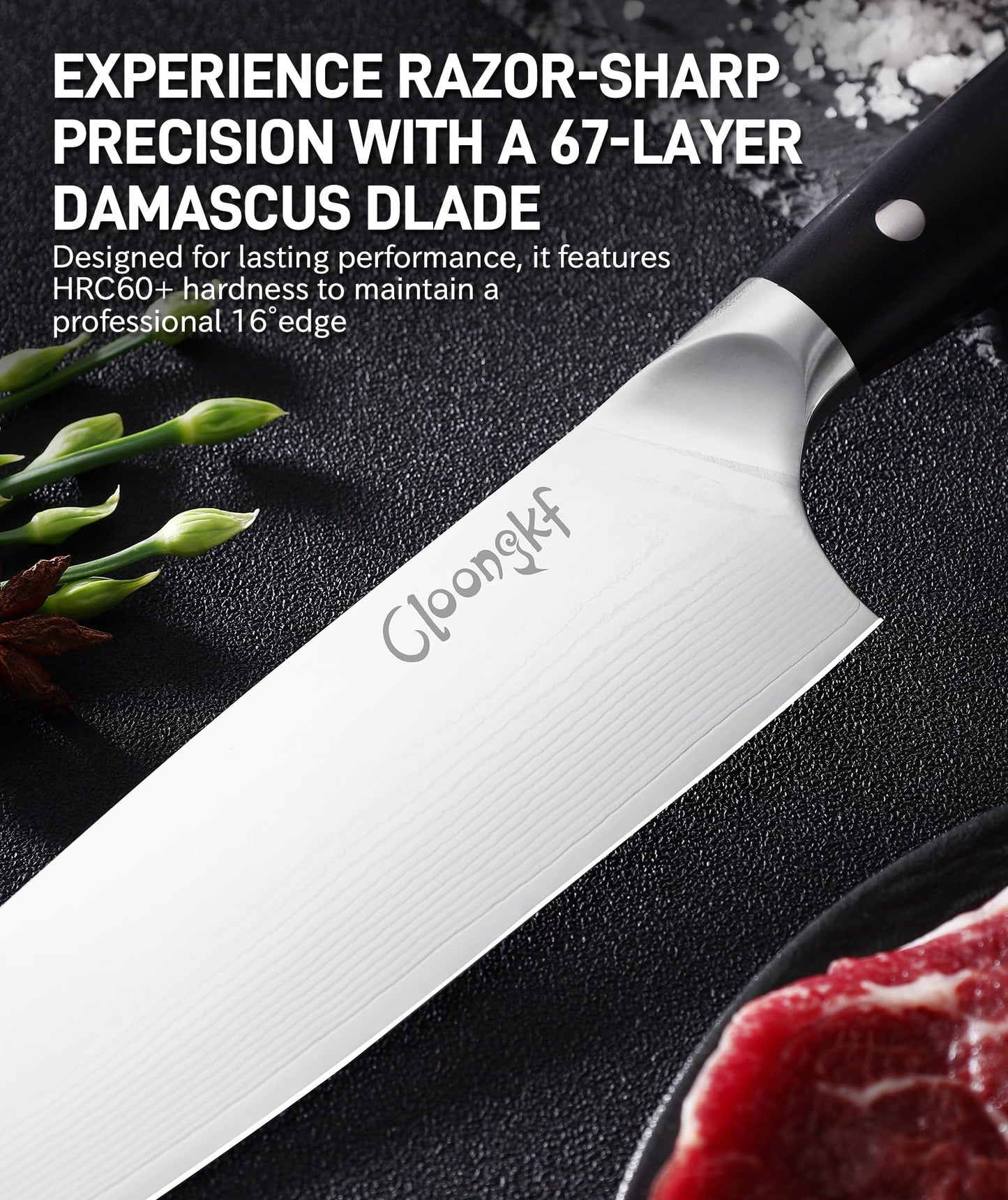 Cloongkf 3-Piece Damascus Kitchen Chef Knife Set- 8" Chef Knife, 7" Santoku, 5.5" Utility Knife Japanese High Carbon Stainless Steel with G10 Handle Gift Box Cutting Tools for Meat, Vegetables