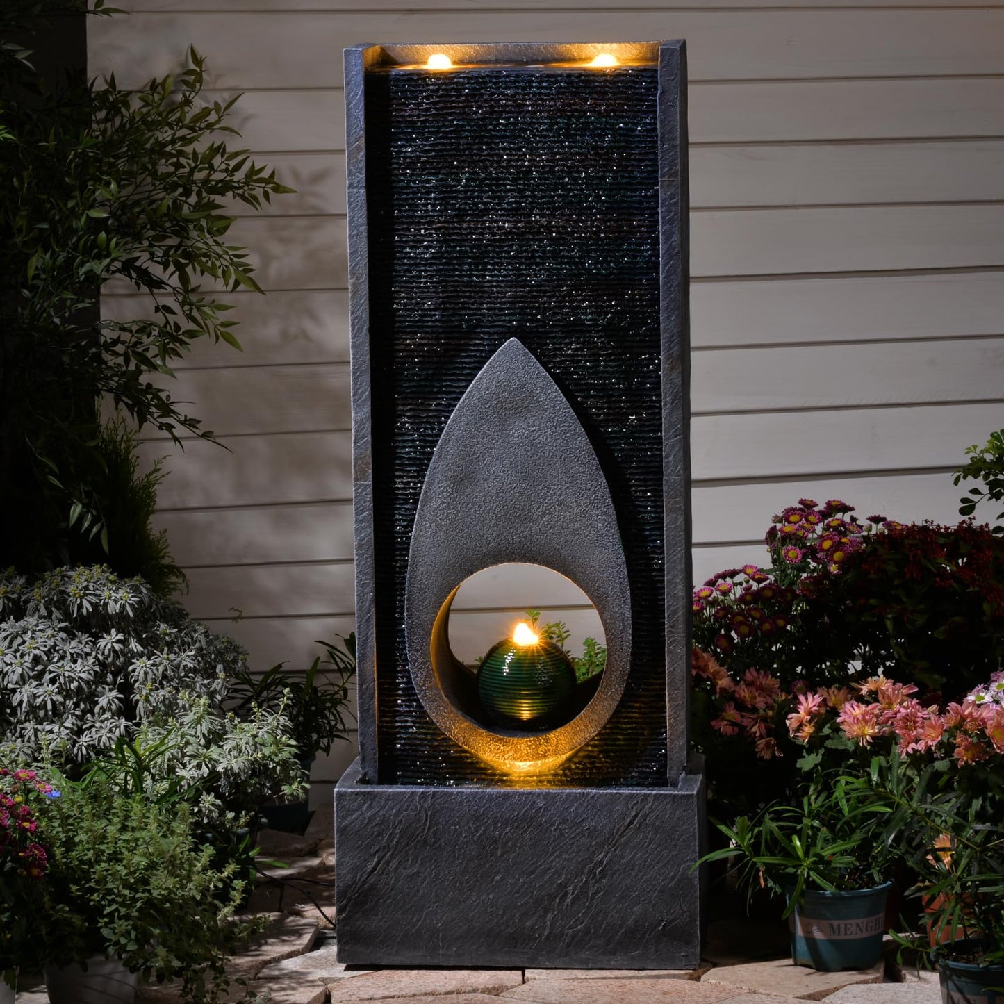 Pivotify 46.5’’Tall Modern Water Fountain Indoor Outdoor Waterfall Feature Floor Standing with Sphere and LED Lights for Garden, Yard, Patio, Deck, Porch, Livingroom Decor