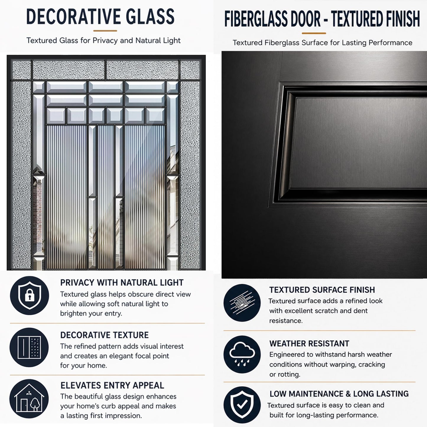 53x80in Fiberglass Front Entry Door with 14in Sidelight, Black Exterior Door for Home, Left-Hand Inswing, Textured Finished with Decorative Glass Knock-Down Door, Vinyl Frame and Brickmould Included