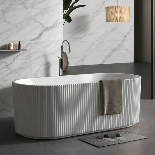 Garvee 59" Acrylic Freestanding Bathtub, Modern Soaking Tub with Matte Drain and Black Overflow, Stripe White, Deep Ergonomic Design, Double-Walled Insulation, cUPC Certified Bath Tub
