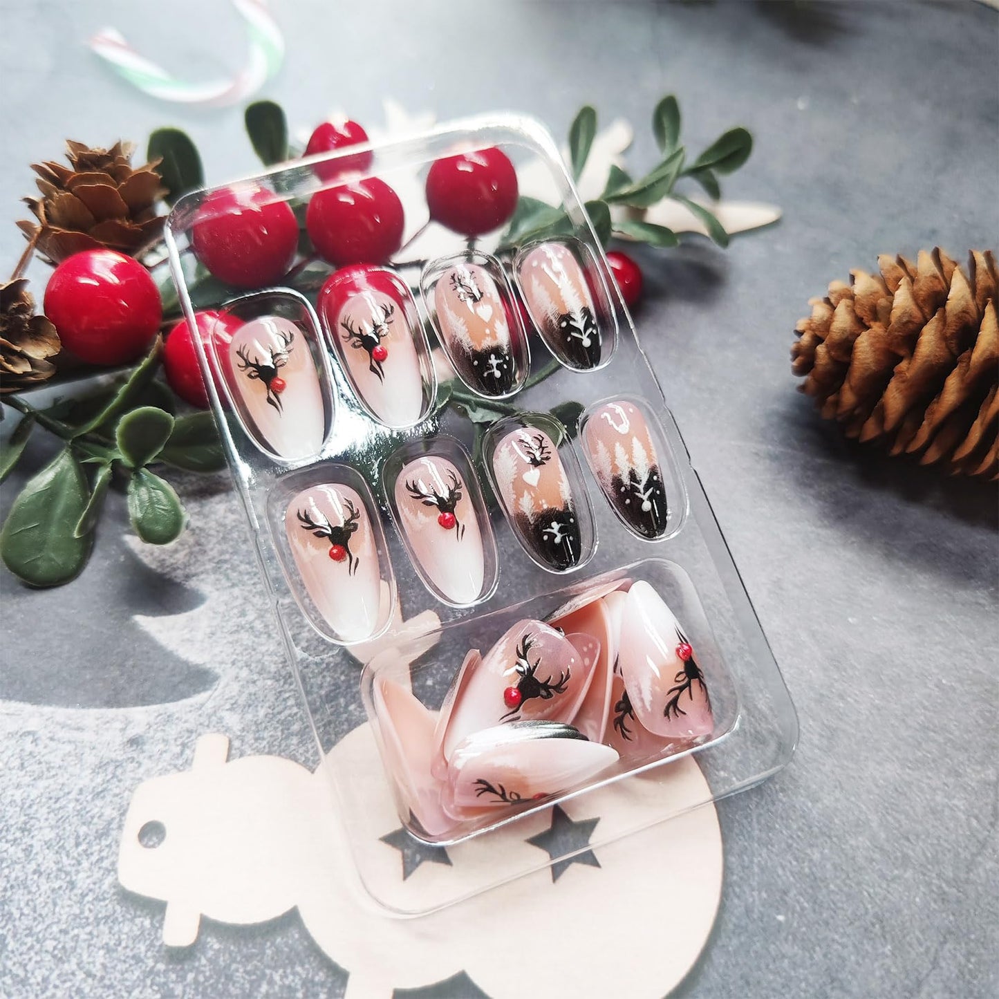 Christmas Press on Nails Cute Reindeer Medium Almond False Nails Xmas Tree Stick on Fingernails Glossy Black French Tips Acrylic Fake Nail 24Pcs Snow Gel Glue on Nail for Women Xmas Gift