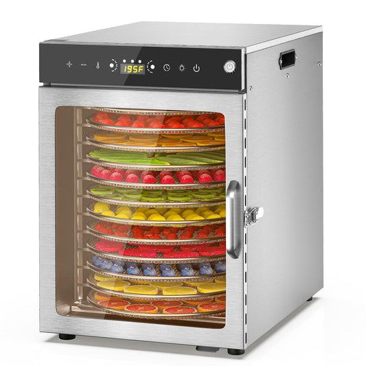 Prenafla Food Dehydrator 12 Trays - 360° Rotary Meat Dehydrator for Jerky with 194°F Temp & 24H Time Control, 800W Even Heating Food Dryer Machine for Herbs, Fruit, Meat, Yogurt, Silver