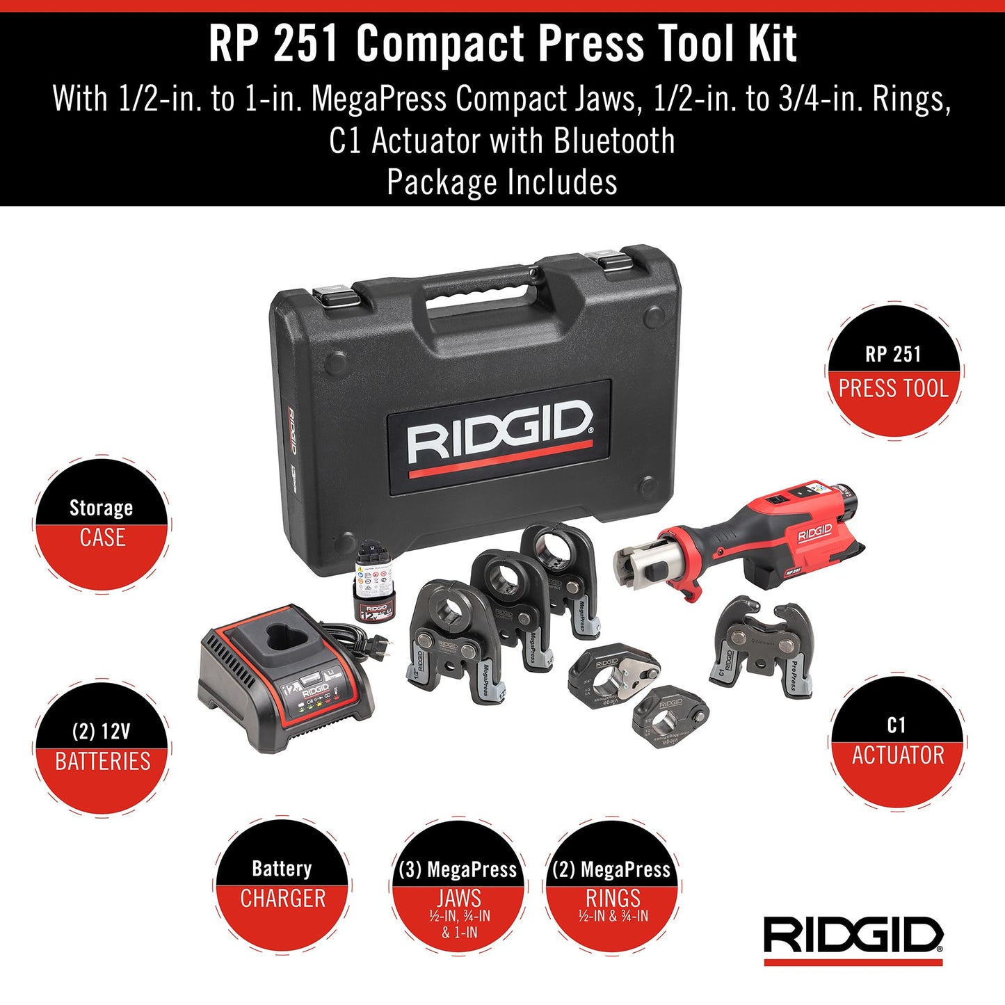 RIDGID 78228 RP 251 Compact Press Tool Battery Kit with (1/2" to 1") MegaPress Jaws and (1/2" to 3/4") Rings with C1 Actuator, In-Line Pressing Tool for Copper, Stainless Steel, PEX, and Carbon Steel