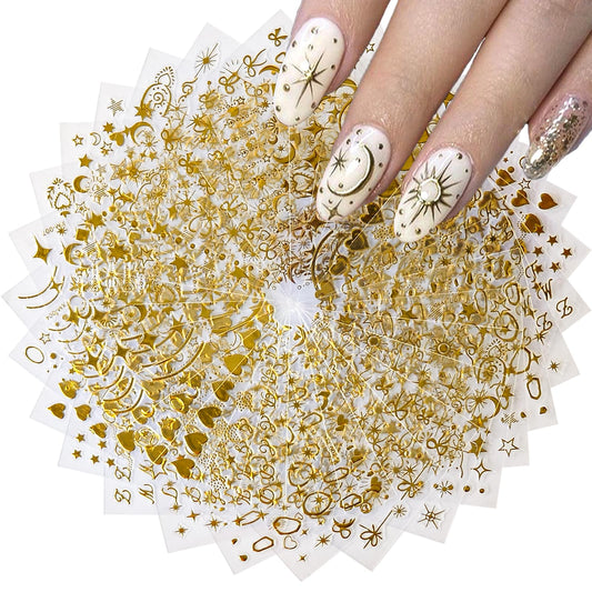 30 Sheets Gold Nail Sticker 3D Self-Adhesive Nail Decals Star Moon Heart Cute Knot Bow Design Nail Art Stickers for Women DIY Nail Art Decoration Accessories