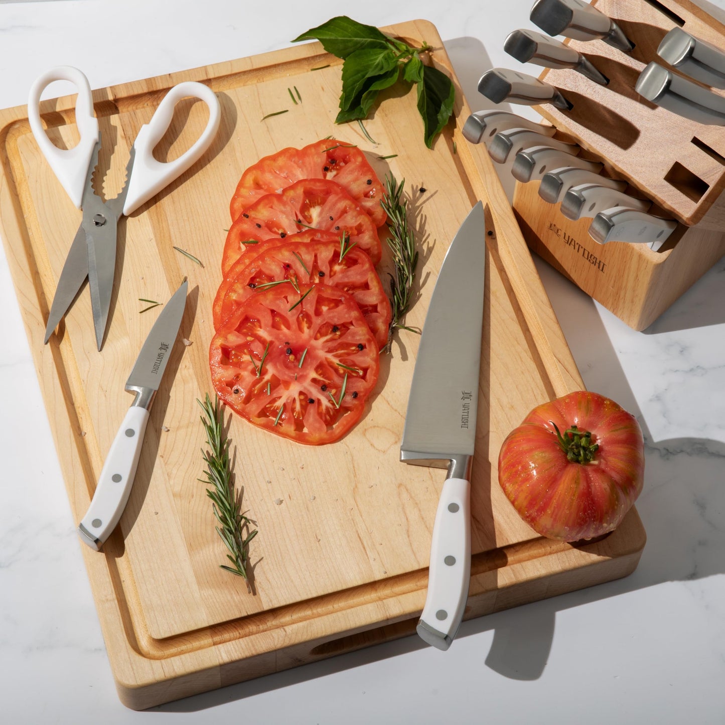 Yatoshi 15 Piece White Knife Block Set - Pro Kitchen Knife Set Ultra Sharp High Carbon Stainless Steel with Ergonomic Handle