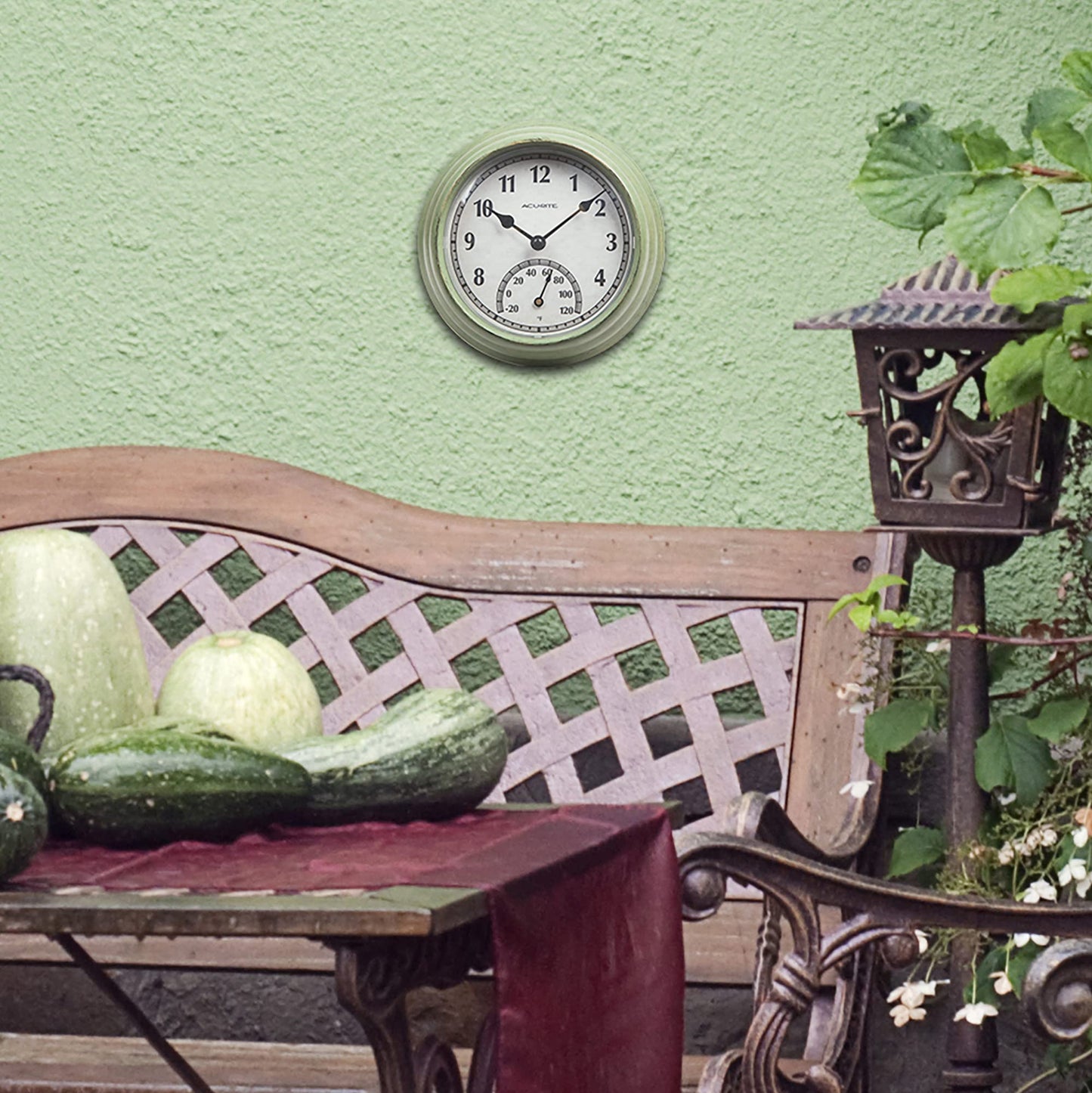 AcuRite 02470 Rustic Green Outdoor Clock with Thermometer, 8.5"