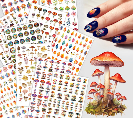 Nail Decals [10 Sheets] Autumn Mushroom Nail Stickers Set Forest Mushrooms Leaves Earthy Tones Botanical Elements Detailed Nature Variety Cozy woodl Designs for Warm Seasonal Manicure Styles Unique