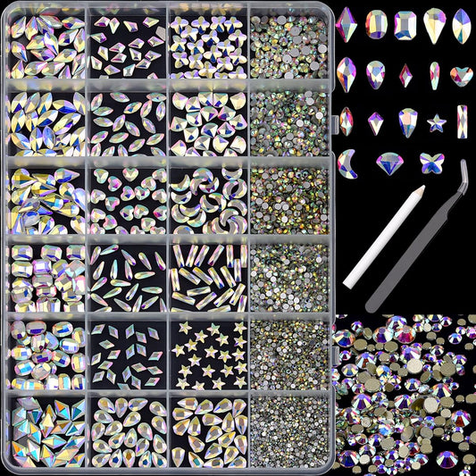 TEEKME Nail Rhinestones Kit 24-Grid, 2800PCS Crystal AB Flatback Glass Gems, 18 Shapes 6 Sizes Round Diamonds for Gel Acrylic Nails, Salon DIY Manicure Supplies with Storage Case, Tweezers, Wax Pen