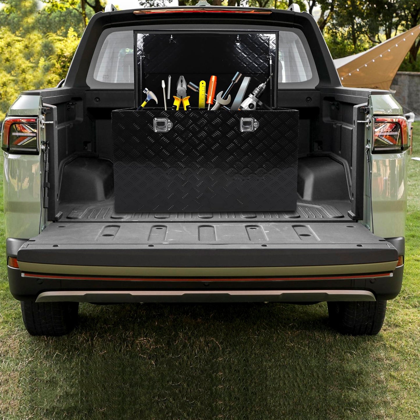confote 44 Inch Heavy Duty Aluminum Stripes Plated Tool Box Pick Up Truck Bed RV Trailer Toolbox Waterproof Square Storage Organizer with Side Handle, Lock and Keys -44"x 24"x 24"，Black