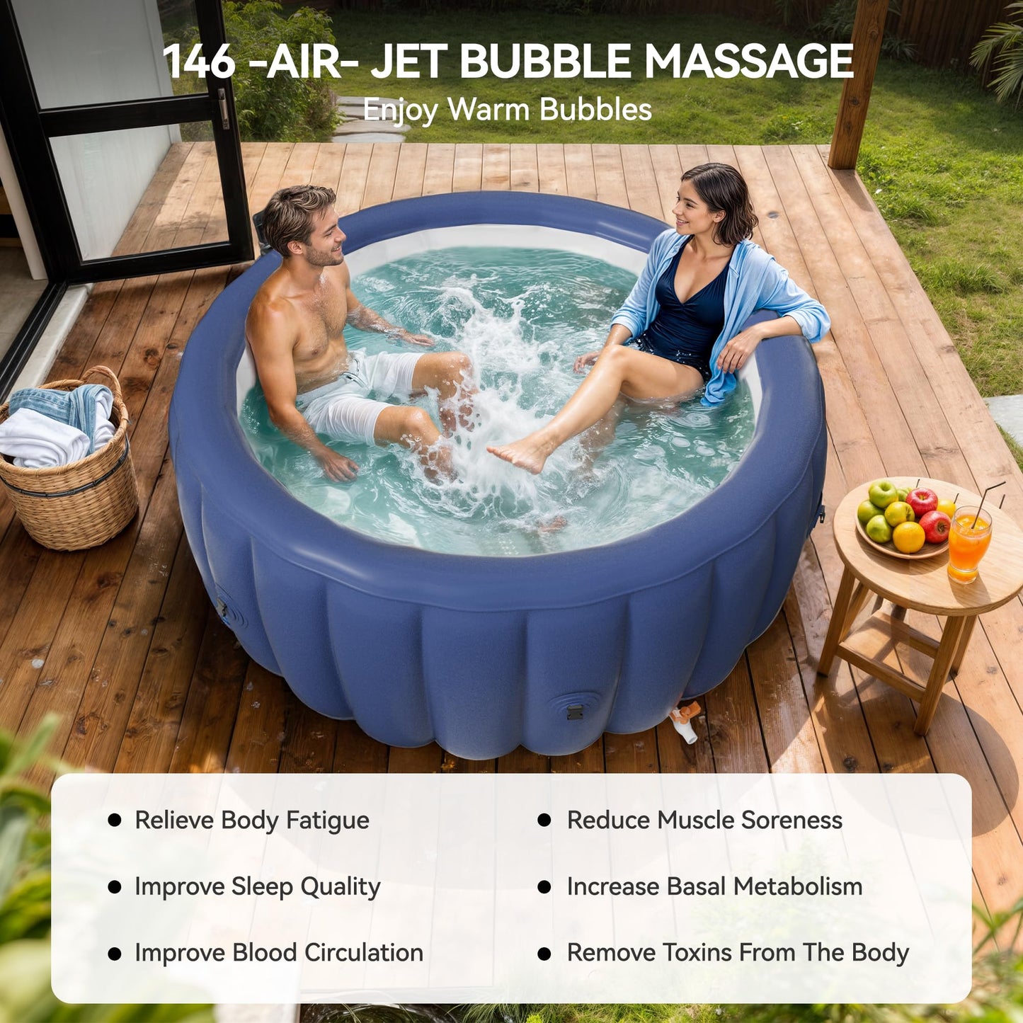 Blue 73"x28" Inflatable Hot Tub for 2-4 Persons | Portable Outdoor Spa with 146 Adjustable Bubble Jets, LED Mood Lights, Smart Touch Panel, Cover & Accessories (2 Headrests, Cup Holder)