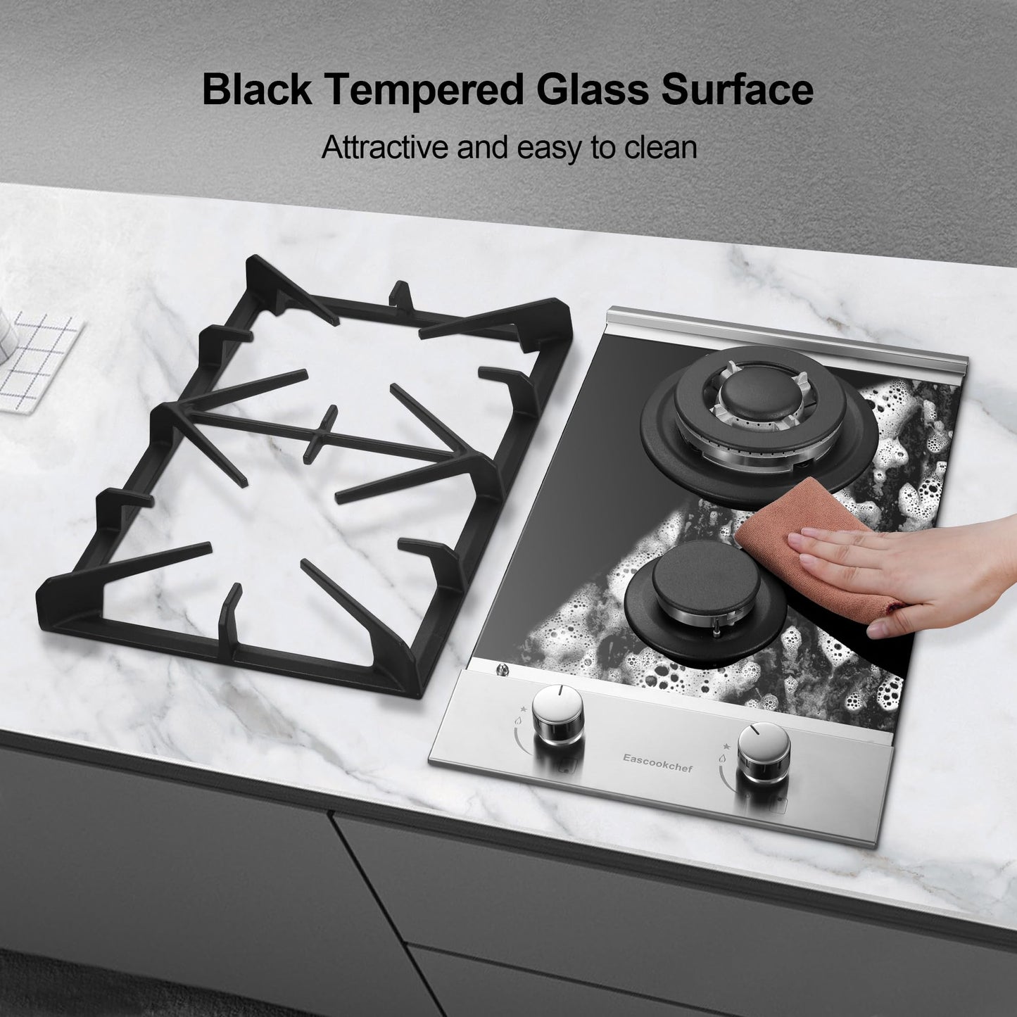 Eascookchef 2 Burner Gas Cooktop, 12 inch LPG/NG Dual Fuel Built-in Gas Stove Top, Black Tempered Glass Stove, Propane Cooktop for Apartment, Outdoor, RV, With Thermocouple Protection