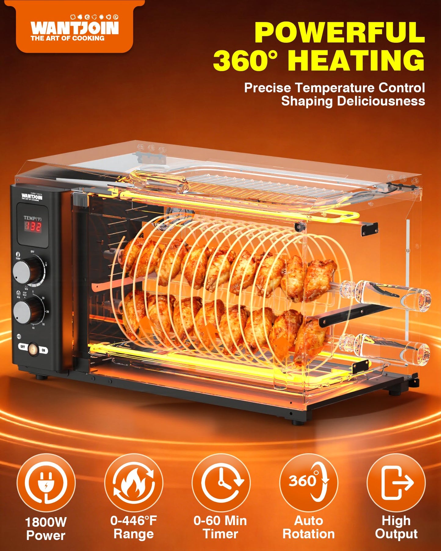 WantJoin Electric Rotisserie Oven - 35L 3-in-1 Rotisserie Grill Oven, Dual Skewers, Grilling Rack, 360°Auto-Rotate Heating, Rotisserie Cooker Machine for Home Kitchen & Party Use,1800W
