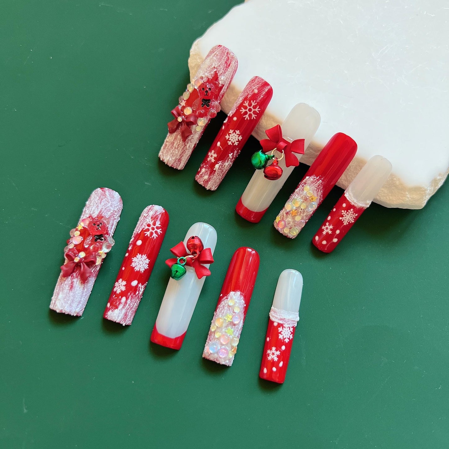 NAIL ANGEL 10PCS/SET Glamorous Handmade Press On Nails Christmas Xmas Holiday Snowman Bell Snowflake French Style Long Coffin Nails Party Nails XXL Long Artifical Tips ZJ-13 (ZJ13, S)