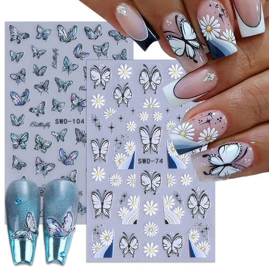 Butterfly Nail Art Stickers Decals 3D Self-Adhesive Nail Decals Design Spring Summer Nail Daisy Flower Butterflies Nail Stickers Supplies for Women DIY Manicure Decoration 2 Sheet