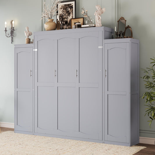 Merax Queen Size Wood Murphy Bed, with 2 Wardrobe and Storage Shelf, Multifunctional Foldable Wall Platform Bedframe for Guest-Room, Bedroom, Gray