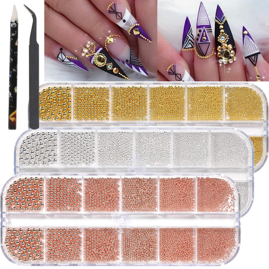 Nail Caviar Beads Gold Silver Rose Gold Nail Art Metal Mini Beads Multi Size 0.8-3MM Nail Design Round Steel Ball Beads for Nails DIY Decoration Accessories