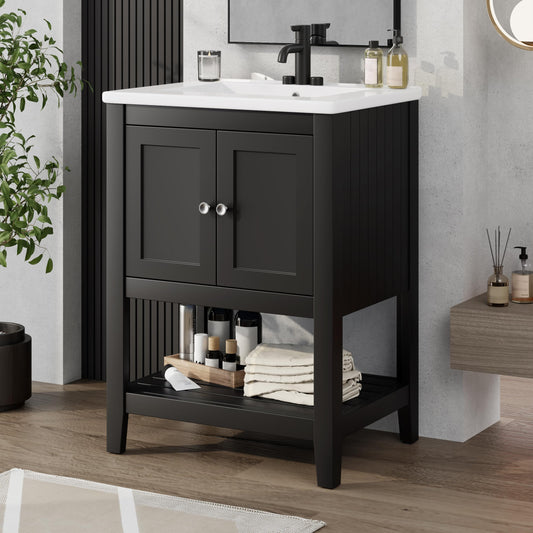 24" Bathroom Vanity with Ceramic Sink Top Set, Cabinet with Adjustable Shelf and Open Storage Space, Soft-Closing Door, Solid Wood Frame, Black