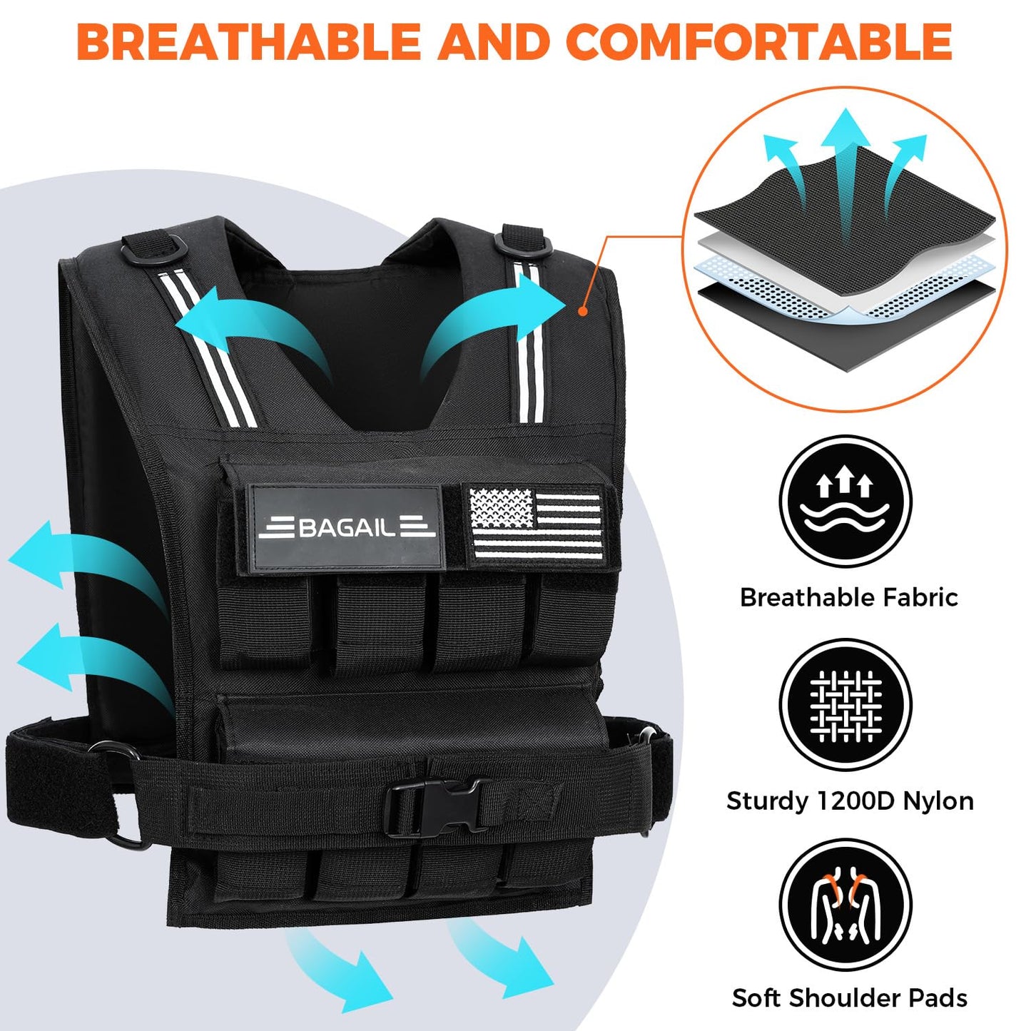 BAGAIL Weighted Vest Men, 20lb/30lb/40lb Adjustable Weight Vest for Woman with Removable Iron Weights, Women’s Rucking Vest for Walking, Workout, Running, Strength Training - 20 lbs