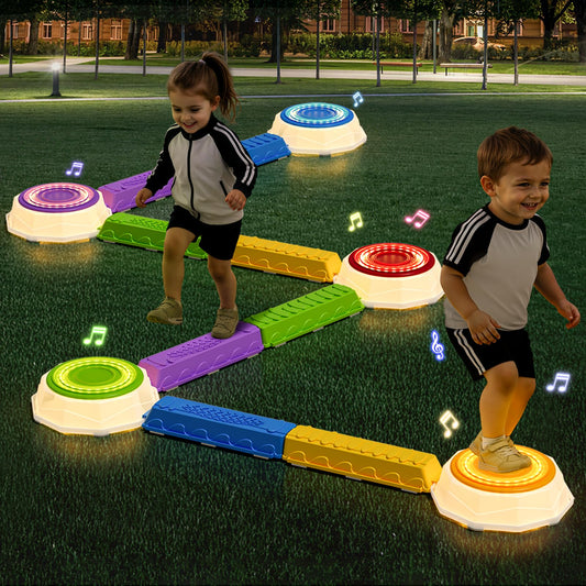 Wee Wonders Light Up Stepping Stones & Balance Beam for Kids, Step Stones with Piano Music, Game Spinner & 30 Cards, Non-Slip Sensory Obstacle Course Toys, Indoor Outdoor Gifts for Toddlers 3-5