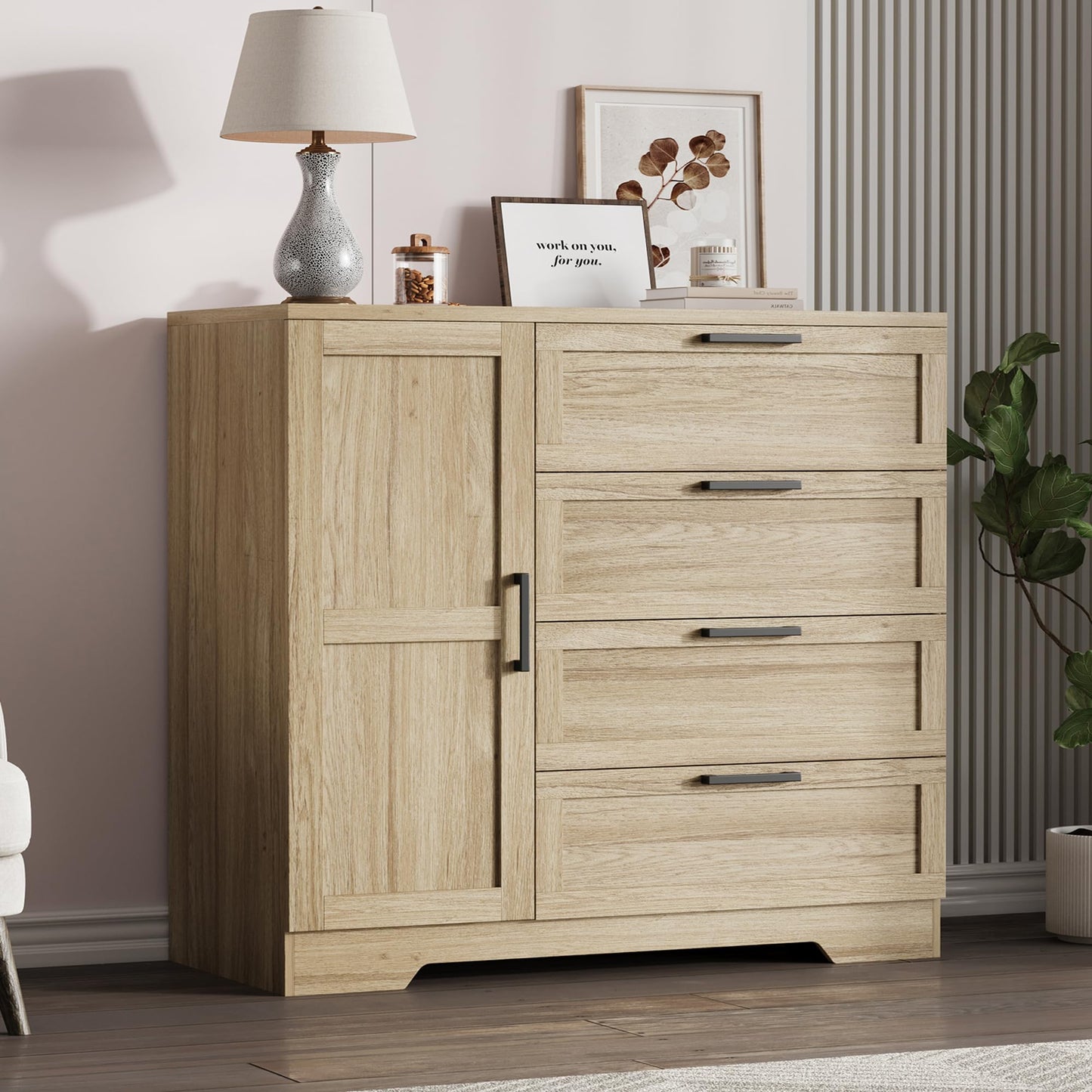 IDEALHOUSE 43.3'' H Armoire Wardrobe Closet with 4 Drawers and Hanging Rod, Multifunctional Wood 4 Drawers Dresser with Storage Closet, Clothing Storage Cabinets for Bedroom, Natural Oak