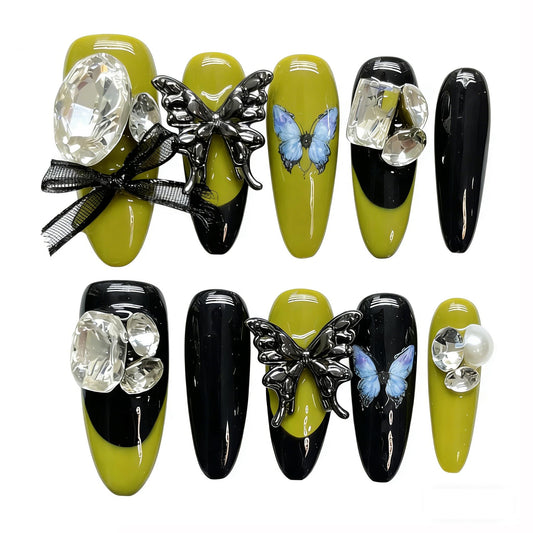 Handmade Press On Nails Green Butterfly Reusable Stick On Fake Nails Luxury Elegant Sexy Style For Women Gift With Nail Glue S