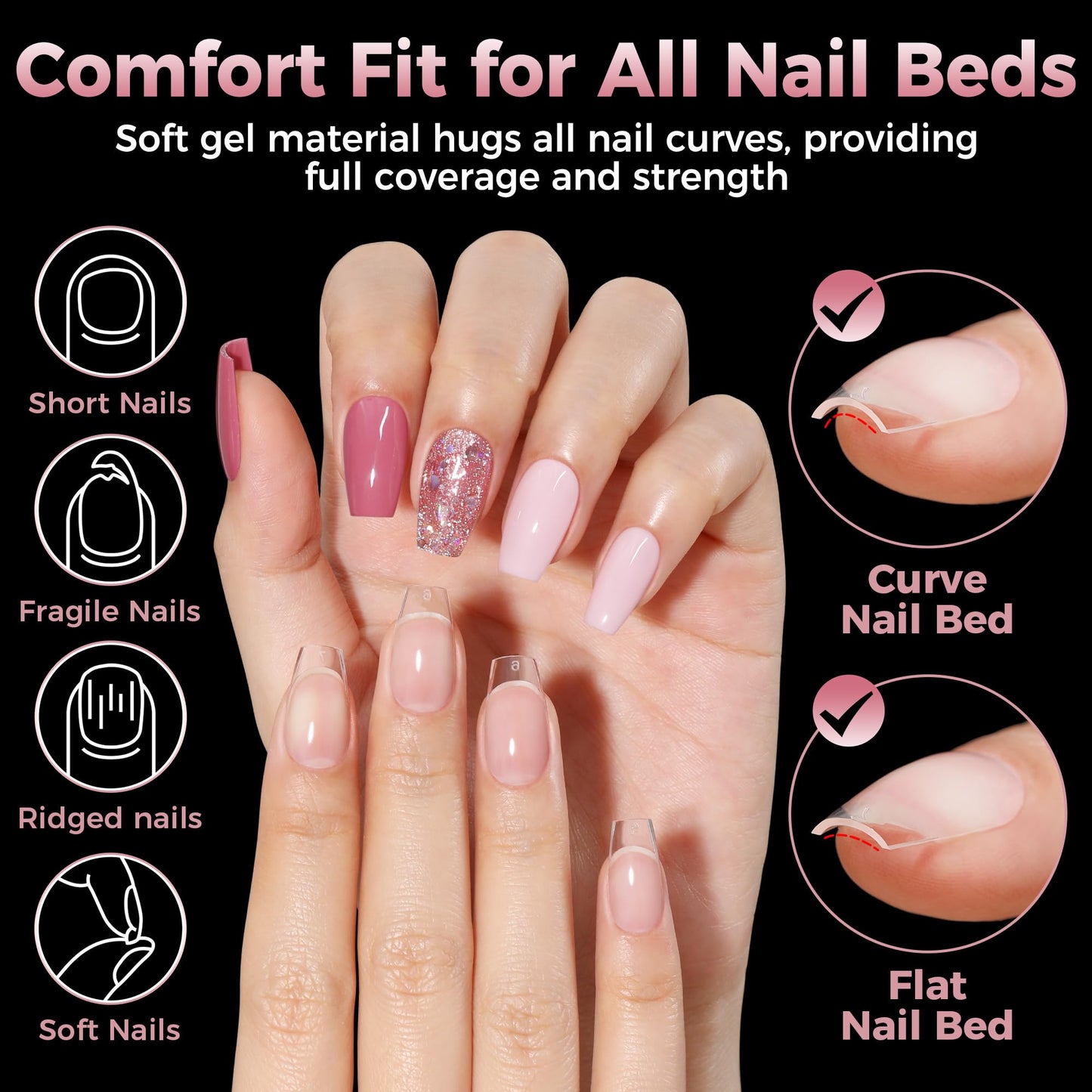 Luckyfairy Short Coffin Fake Nails, 240pcs Soft Gel Pre-Filed Acrylic Short Ballerina Nail Tips, Half Matte Full Cover Clear Press on Flase Nail Tips for Nail Extension Home DIY 12 Sizes Gelly Tips